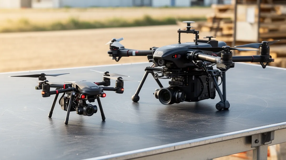 Deux drones de photographie professionnels sur une surface métallique.