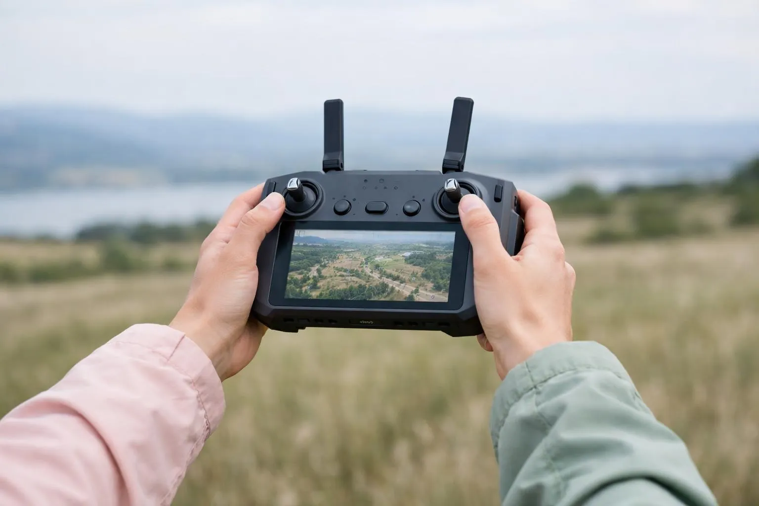 Contrôleur de drone avec vue aérienne sur un paysage rural.
